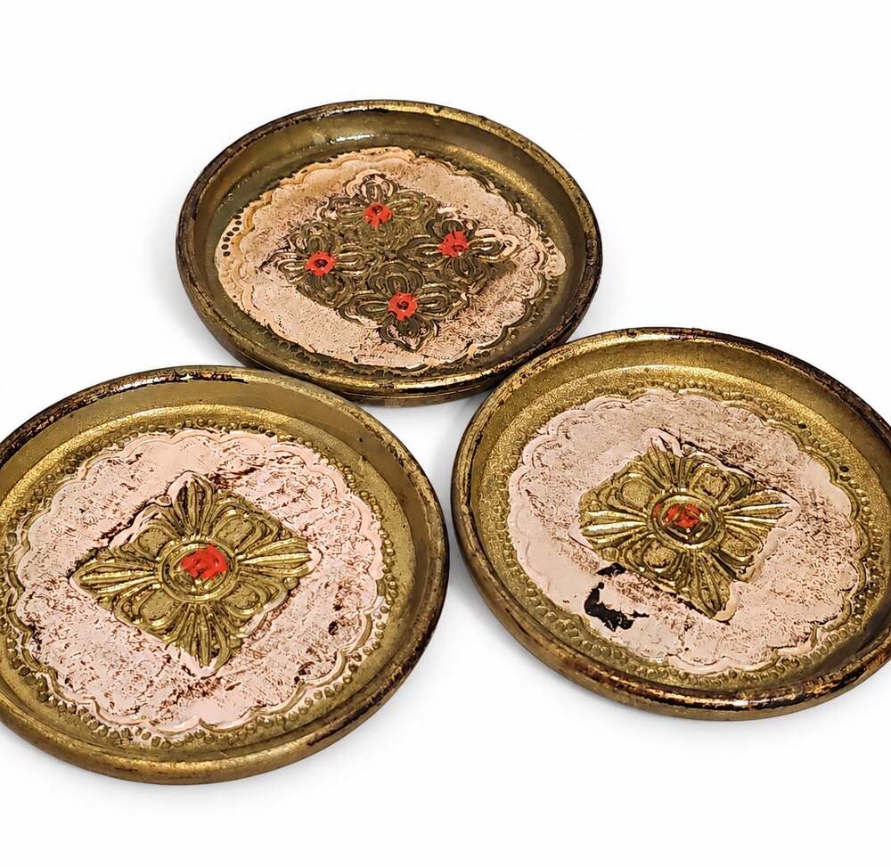 Vintage Wood Florentine Coasters Set of 3 Gold Blush Pink Ornate Italy